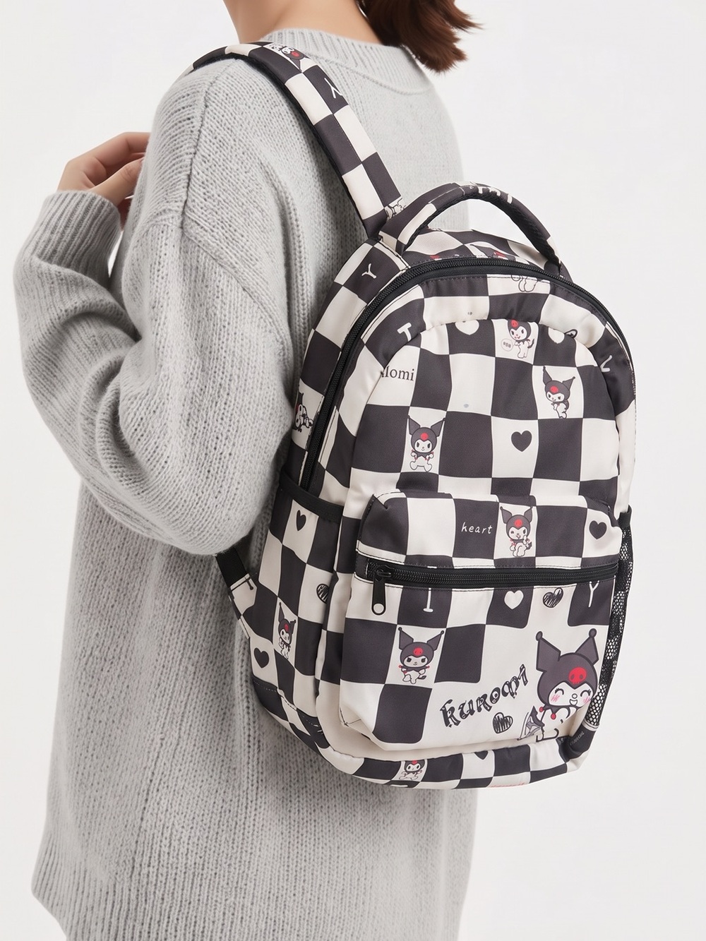 Kuromi Checkered Backpack in Black & White